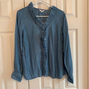 NWT CROWN & IVY LONG SLEEVE RUFFLE CHAMBRAY BLOUSE